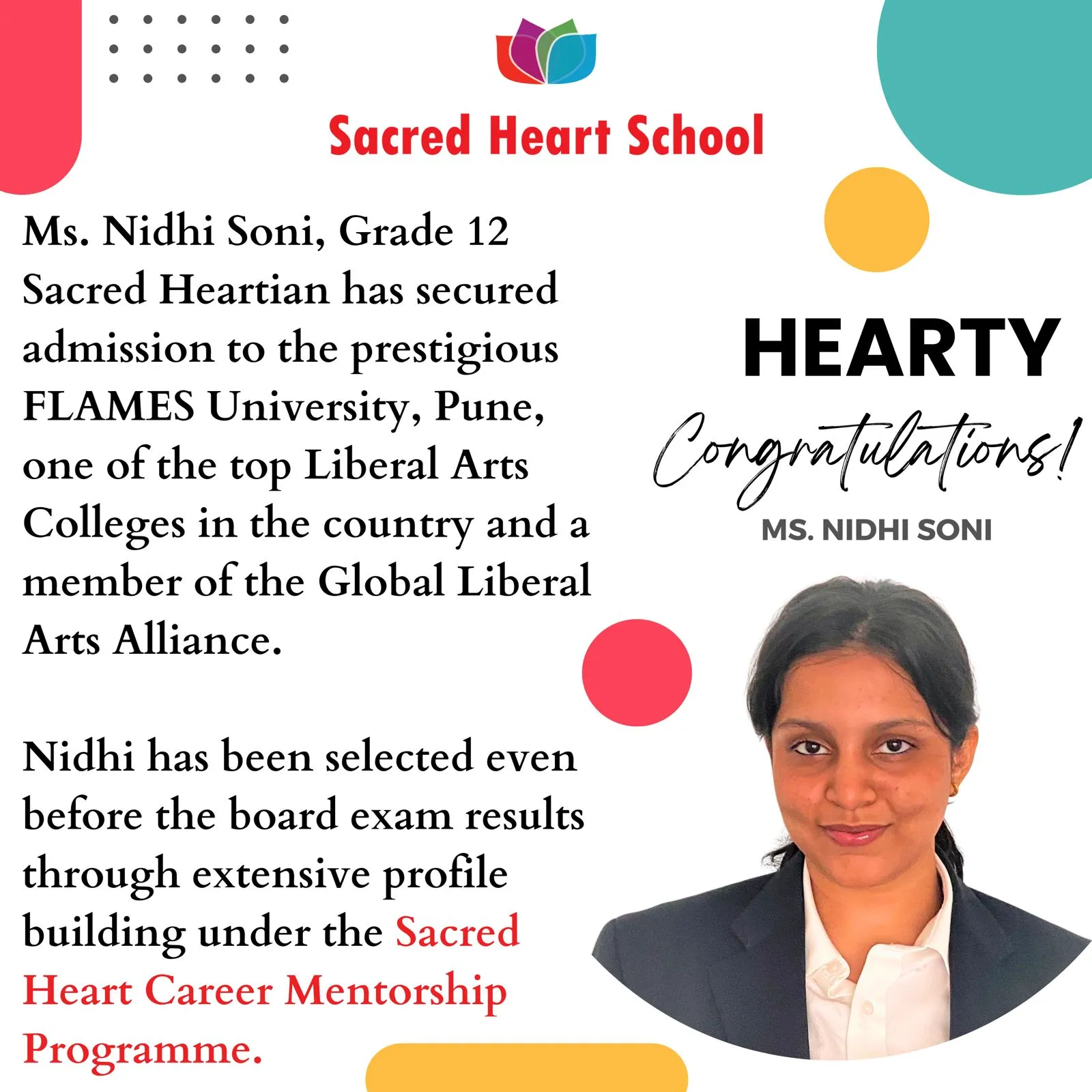 Nidhi Soni - 1st batch Humanities gets offer from Flame University